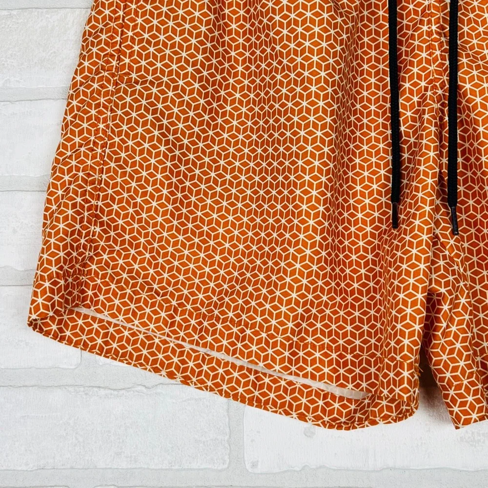 Mens Orange Geometric Honeycomb Cube Print Swim Trunks Elastic Waist Shorts M